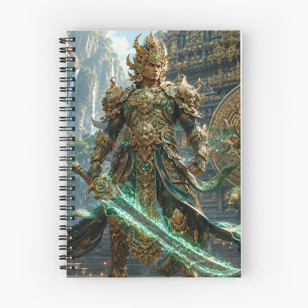 Item preview, Mythical Guardian in Gold & Jade Armor | Fantasy Warrior with Magical Energy Sword | Cinematic Temple Art Print designed and sold by lavanya11.