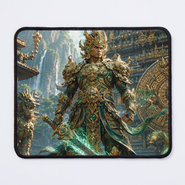 Item preview, Mythical Guardian in Gold & Jade Armor | Fantasy Warrior with Magical Energy Sword | Cinematic Temple Art Print designed and sold by lavanya11.