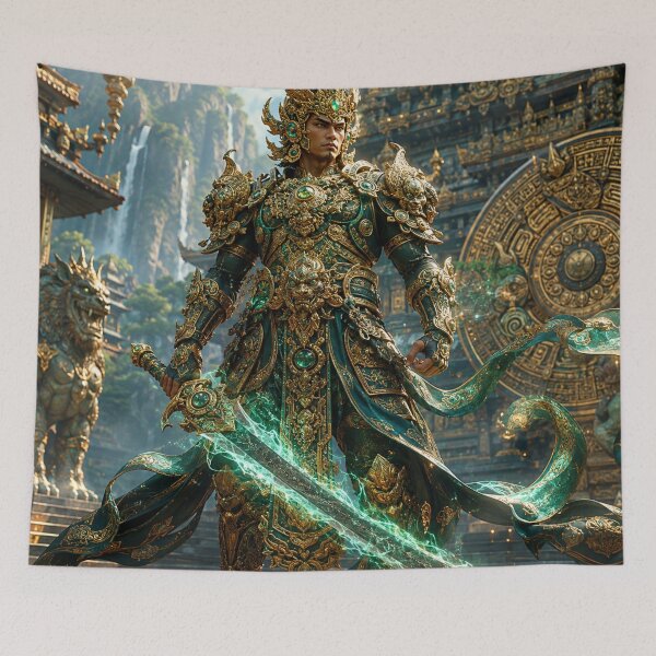 Item preview, Mythical Guardian in Gold & Jade Armor | Fantasy Warrior with Magical Energy Sword | Cinematic Temple Art Print designed and sold by lavanya11.