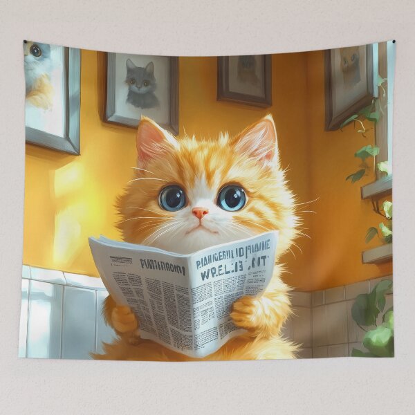 Item preview, Chartreux Cat Newspaper Reader Bathroom Kawaii Orange Kitten designed and sold by mildaclairmo.