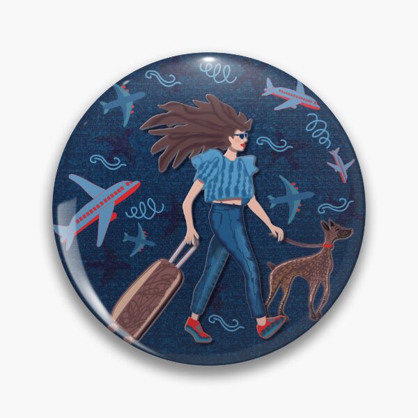 Item preview, Dark-haired woman with greyhound at the airport, navy blue background, jeans designed and sold by WONDERPRINTVALLEY.