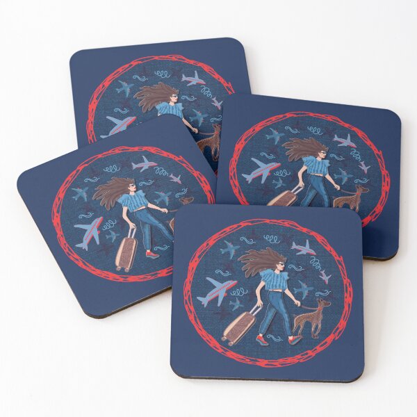 Item preview, Dark-haired woman with greyhound at the airport, navy blue background, jeans designed and sold by WONDERPRINTVALLEY.