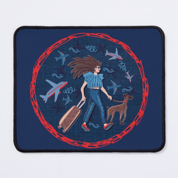 Item preview, Dark-haired woman with greyhound at the airport, navy blue background, jeans designed and sold by WONDERPRINTVALLEY.