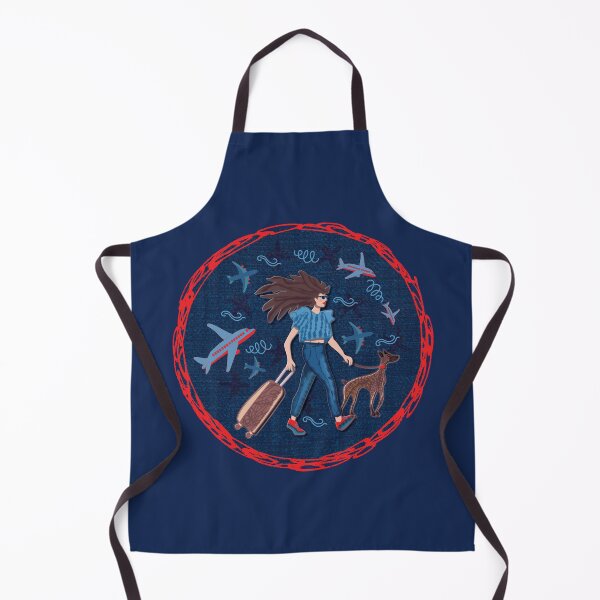 Item preview, Dark-haired woman with greyhound at the airport, navy blue background, jeans designed and sold by WONDERPRINTVALLEY.
