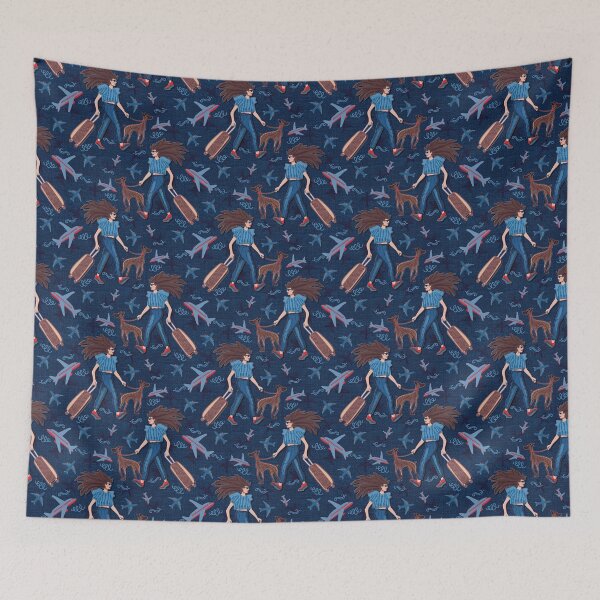 Item preview, Dark-haired woman with greyhound at the airport, navy blue background, jeans designed and sold by WONDERPRINTVALLEY.