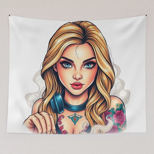 Item preview, Retro Blonde DJ Tattoo Art designed and sold by Fenomena Designs.