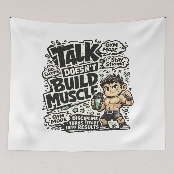 Item preview, Talk Doesn't Build Muscle Gym Mode Bodybuilding Fitness Chibi Motivation Graphic designed and sold by DesignArtist.ia.