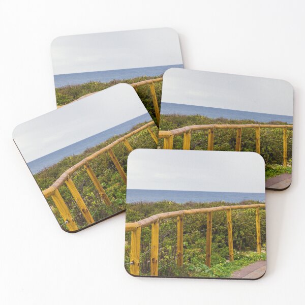 Item preview, Curved Wooden Fence Along Coastal Path Overlooking Ocean and Lush Dunes on Overcast Day designed and sold by Nmallia.