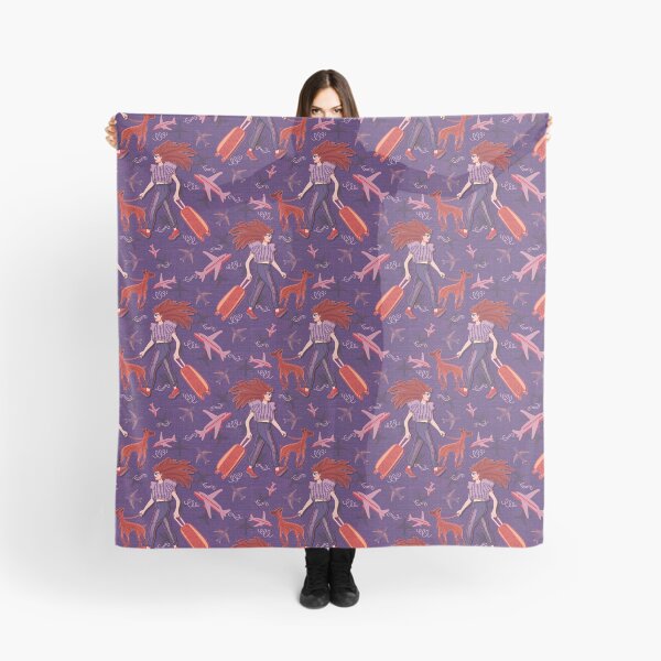 Item preview, Redhead woman with greyhound at the airport, purple jean background designed and sold by WONDERPRINTVALLEY.