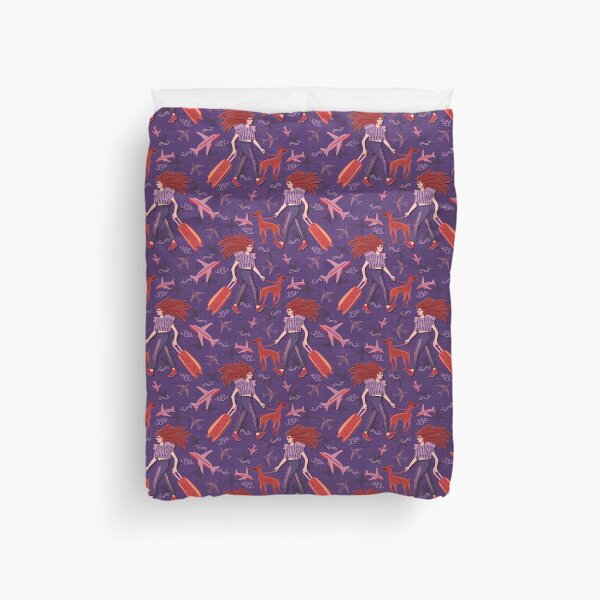Item preview, Redhead woman with greyhound at the airport, purple jean background designed and sold by WONDERPRINTVALLEY.