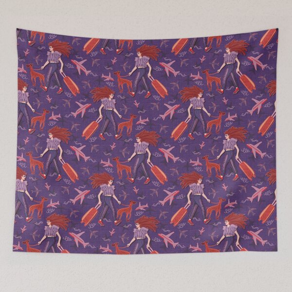 Item preview, Redhead woman with greyhound at the airport, purple jean background designed and sold by WONDERPRINTVALLEY.