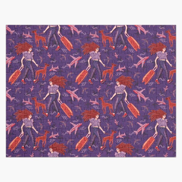 Item preview, Redhead woman with greyhound at the airport, purple jean background designed and sold by WONDERPRINTVALLEY.