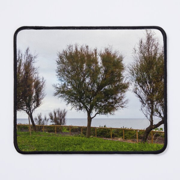 Item preview, Wind-Swept Coastal Trees Along a Green Seaside Path Overlooking Calm Ocean Horizon on Cloudy Day designed and sold by Nmallia.