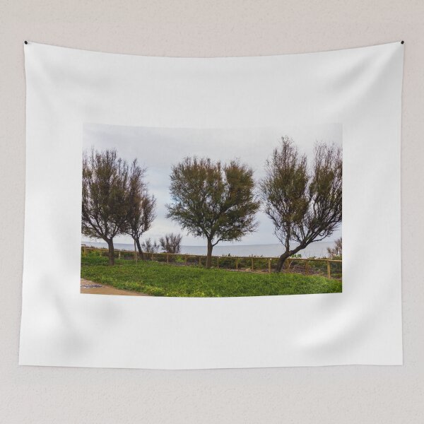 Item preview, Wind-Swept Coastal Trees Along a Green Seaside Path Overlooking Calm Ocean Horizon on Cloudy Day designed and sold by Nmallia.