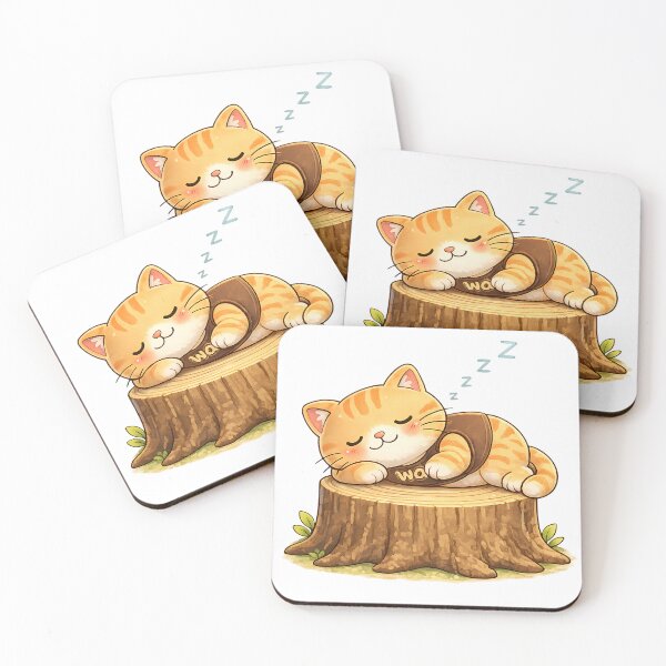 Item preview, Kawaii Orange Cat Sleeping on Tree Stump Cute Animal Design designed and sold by Wawa5656.