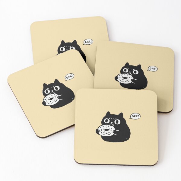 Item preview, "Hangry!" Funny Grumpy Black Cat Eating Donut Kawaii Art designed and sold by Cipher & Soul.