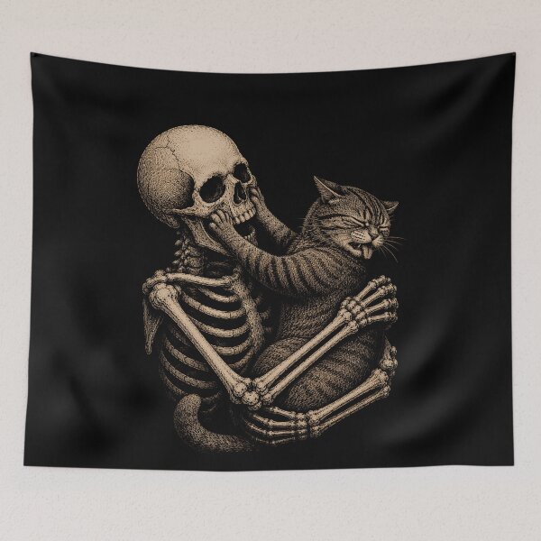Item preview, Skeleton cuddling a playful cat illustration halloween designed and sold by rafaeltto.