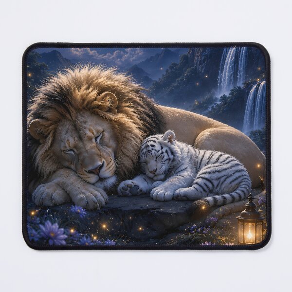 Item preview, Sleeping Lion and White Tiger Cub Under Moonlight Waterfall | Fa designed and sold by ManJiangHong.