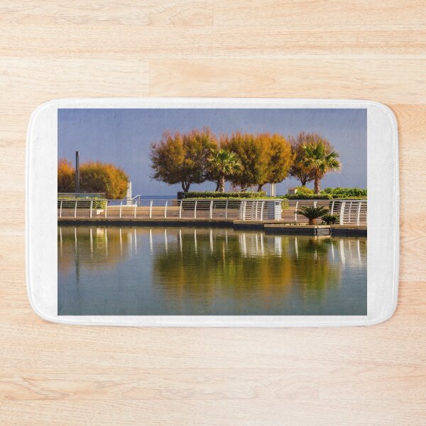 Item preview, Waterfront Promenade With Palm Trees And Reflections On Calm Urban Lagoon designed and sold by Nmallia.