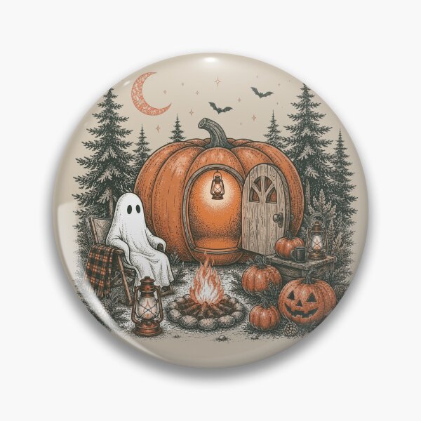 Item preview, Vintage Spooky Camping Pumpkin Cottage Ghost Bonfire designed and sold by BreezifyDesignStudio.