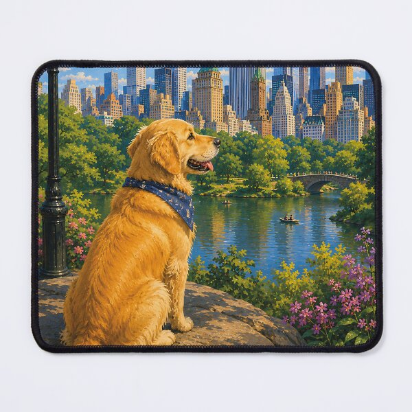 Item preview, Golden Retriever looking at the skyline from Central Park designed and sold by Nomad-Paws.