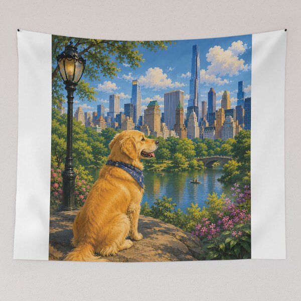 Item preview, Golden Retriever looking at the skyline from Central Park designed and sold by Nomad-Paws.