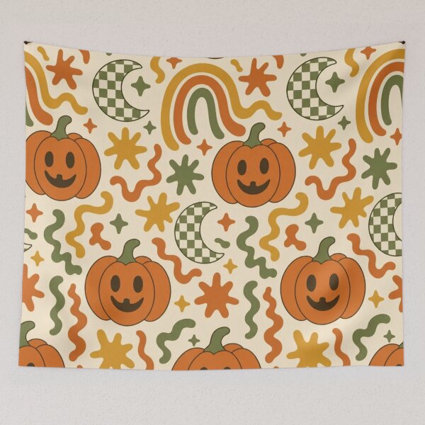 Item preview, Retro Seventies Groovy Halloween Pumpkins and Rainbows in Burnt Orange designed and sold by StickyGuys.