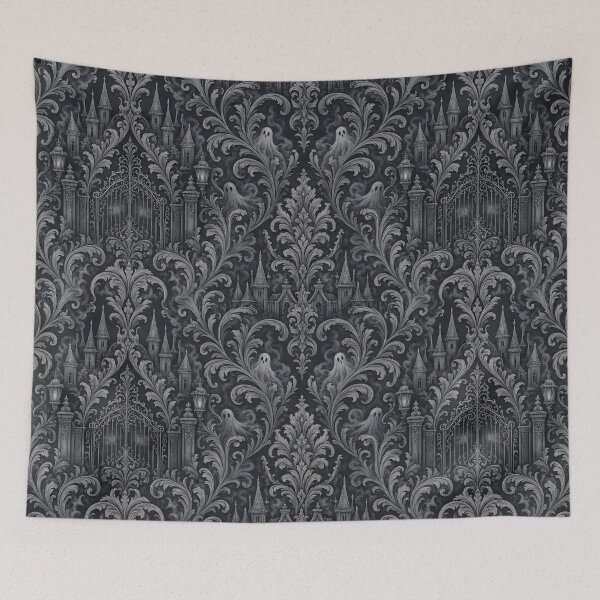 Item preview, Haunted Manor Damask Victorian Wallpaper Seamless Pattern Smoke Grey designed and sold by StickyGuys.