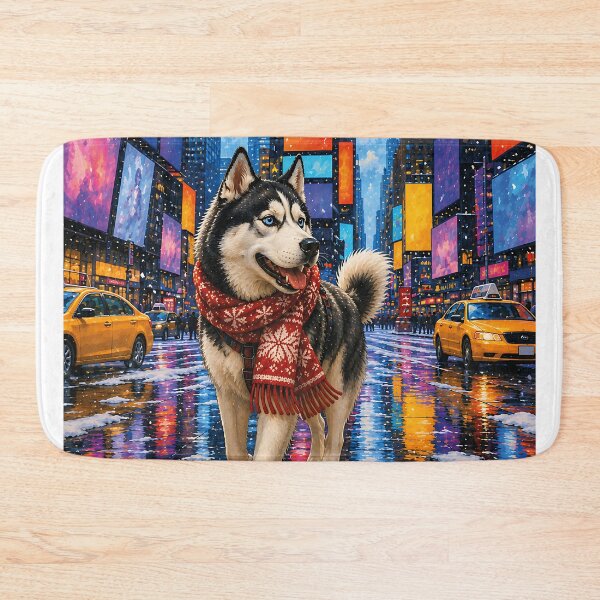 Item preview, Husky walking through Times Square in winter. designed and sold by Nomad-Paws.