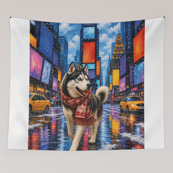 Item preview, Husky walking through Times Square in winter. designed and sold by Nomad-Paws.