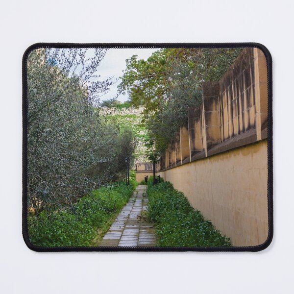 Item preview, Tranquil Paved Garden Path Along Stone Wall Surrounded By Green Foliage And Olive Trees designed and sold by Nmallia.