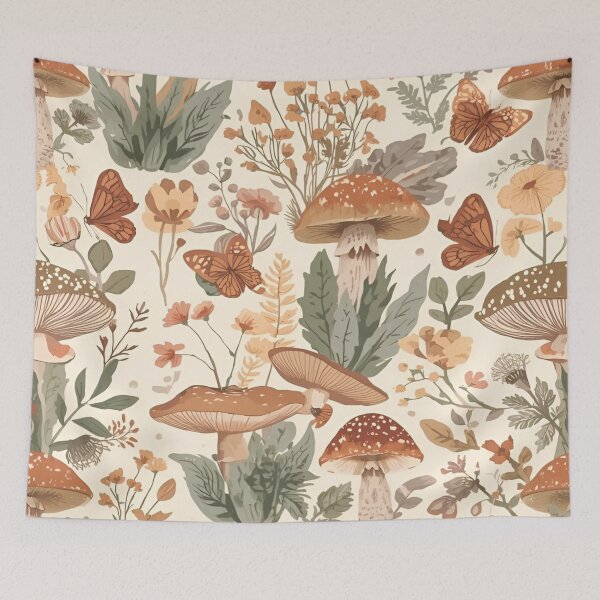Item preview, Colorful Mushrooms and Delightful Butterflies Amidst Lush Floral Elements in a Soft Cream Background designed and sold by Matt_Smith.