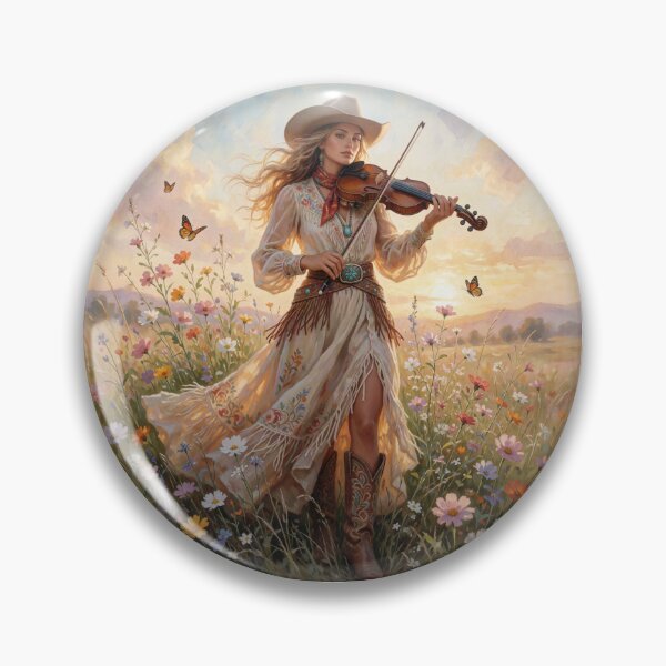 Artikelvorschau, Boho-Cowgirl spielt Geige | Western-Wildblumen-Sonnenuntergangskunst entworfen und verkauft von Silentshelf.