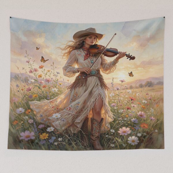 Item preview, Boho Cowgirl Playing Violin | Western Wildflower Sunset Art designed and sold by Silentshelf.