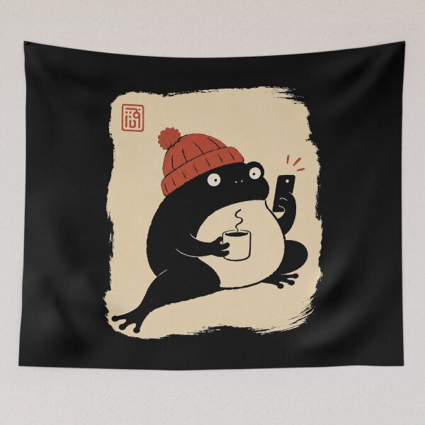Item preview, Funny Grumpy Hipster Japanese Frog With Coffee and Phone designed and sold by FreshVibe Prints.