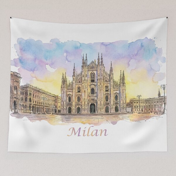 Item preview, Milan Italy Duomo Cathedral Skyline Watercolor Art designed and sold by NareArt.