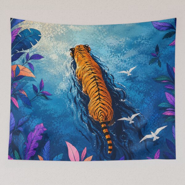 Item preview, Tiger Wall Art | Majestic Swimming Tiger | Colorful Wildlife Illustration | Jungle Nature Decor | Big Cat Art Print designed and sold by Dreamy Ocean Art.