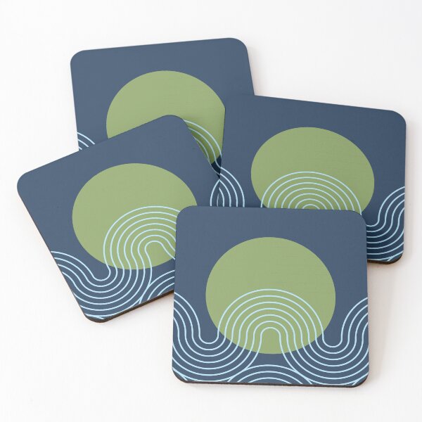 Item preview, Mid Century Modern Sun and Waves Geometric Abstract in Navy Blue Sage Green designed and sold by nineFlorals.