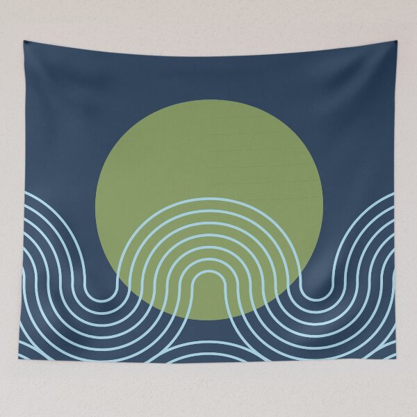 Item preview, Mid Century Modern Sun and Waves Geometric Abstract in Navy Blue Sage Green designed and sold by nineFlorals.