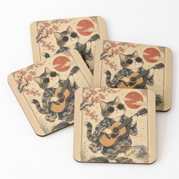 Item preview, Guitar Cat Vintage Japanese Art | Kawaii Musician Kitty | Retro Mount Aesthetic Gift designed and sold by HOUSE OF TIST.