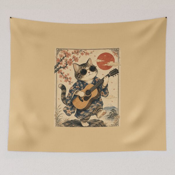 Item preview, Guitar Cat Vintage Japanese Art | Kawaii Musician Kitty | Retro Mount Aesthetic Gift designed and sold by HOUSE OF TIST.