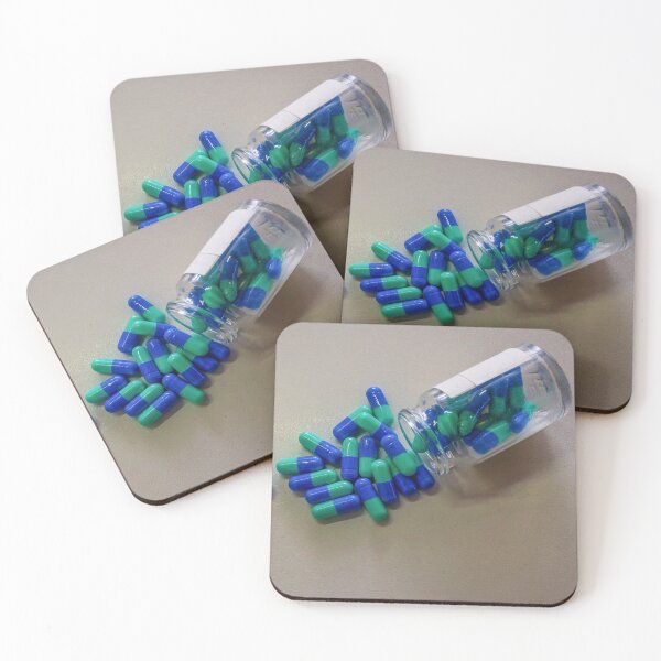Item preview, Blue And Green Capsules Spilling From Prescription Bottle On Table — Medication And Pharmacy Concept designed and sold by Nmallia.