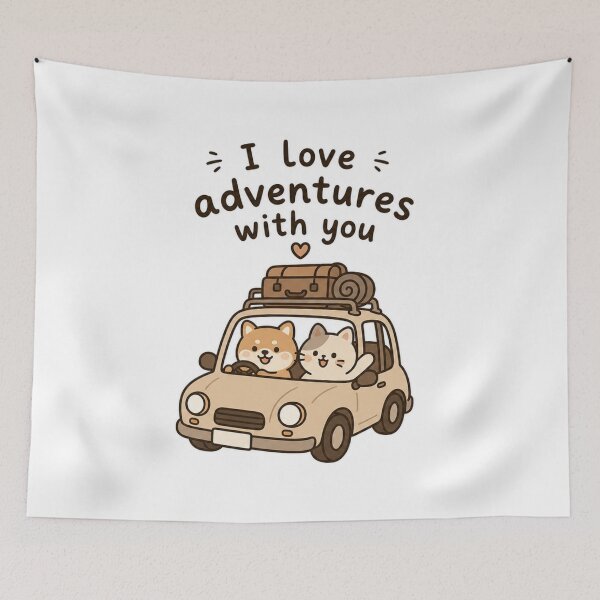 Item preview, I Love Adventures With You Cute Shiba Inu and Cat Road Trip Illustration designed and sold by jeshands.