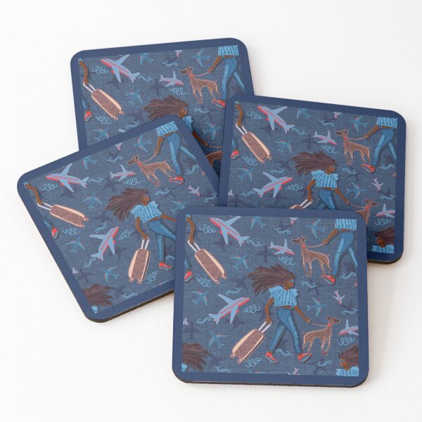 Item preview, Brunette woman with greyhound at the airport, navy blue background, jeans designed and sold by WONDERPRINTVALLEY.