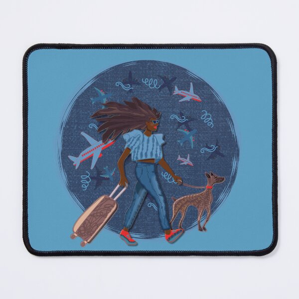 Item preview, Brunette woman with greyhound at the airport, navy blue background, jeans designed and sold by WONDERPRINTVALLEY.