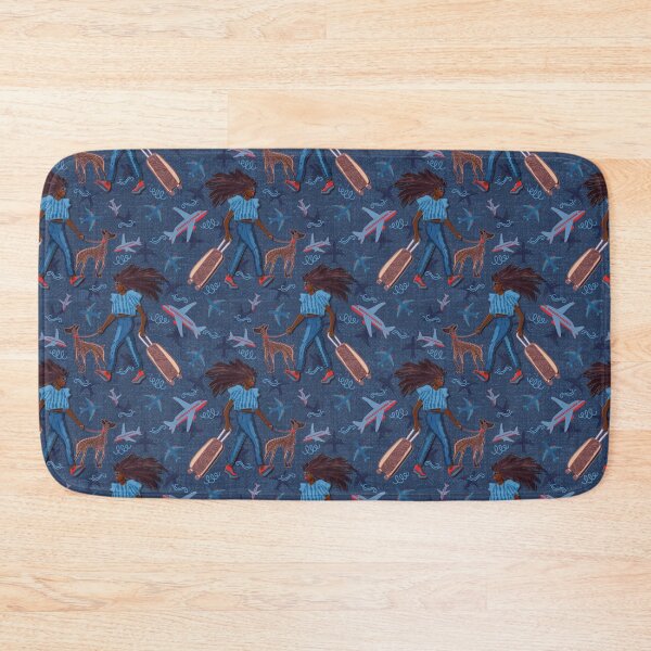Item preview, Brunette woman with greyhound at the airport, navy blue background, jeans designed and sold by WONDERPRINTVALLEY.