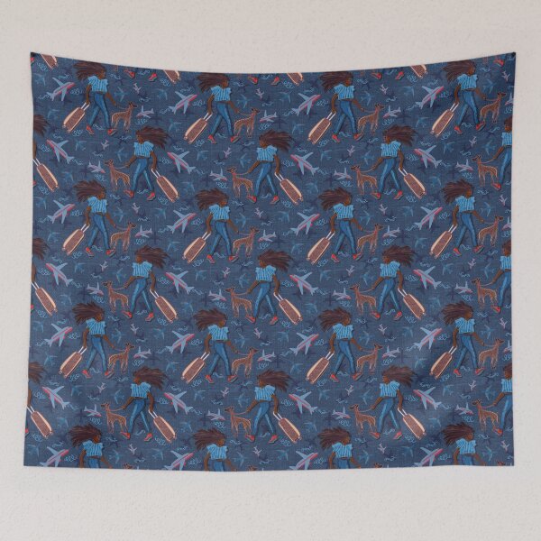Item preview, Brunette woman with greyhound at the airport, navy blue background, jeans designed and sold by WONDERPRINTVALLEY.