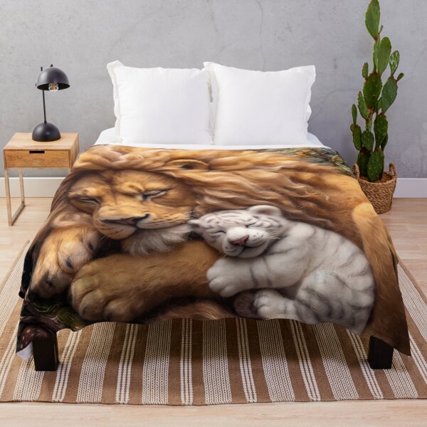Item preview, Sleeping Lion and White Tiger Cub in Enchanted Moonlit Forest | Fantasy Wildlife Art designed and sold by ManJiangHong.