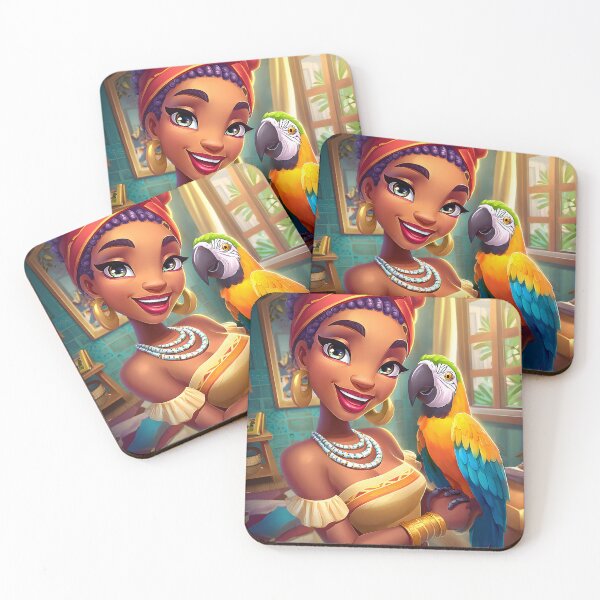 Item preview, Colorful woman with a parrot in a vibrant setting designed and sold by Artessie.