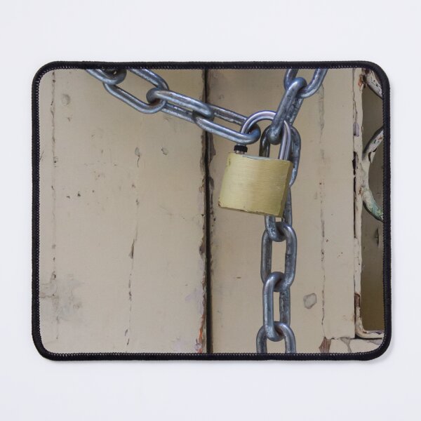 Item preview, Rustic Locked Door With Heavy Chain And Brass Padlock Securing Weathered Wooden Gate designed and sold by Nmallia.